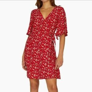 Sanctuary Red Floral V Neck Short Sleeve Wrap Mini Dress Size S